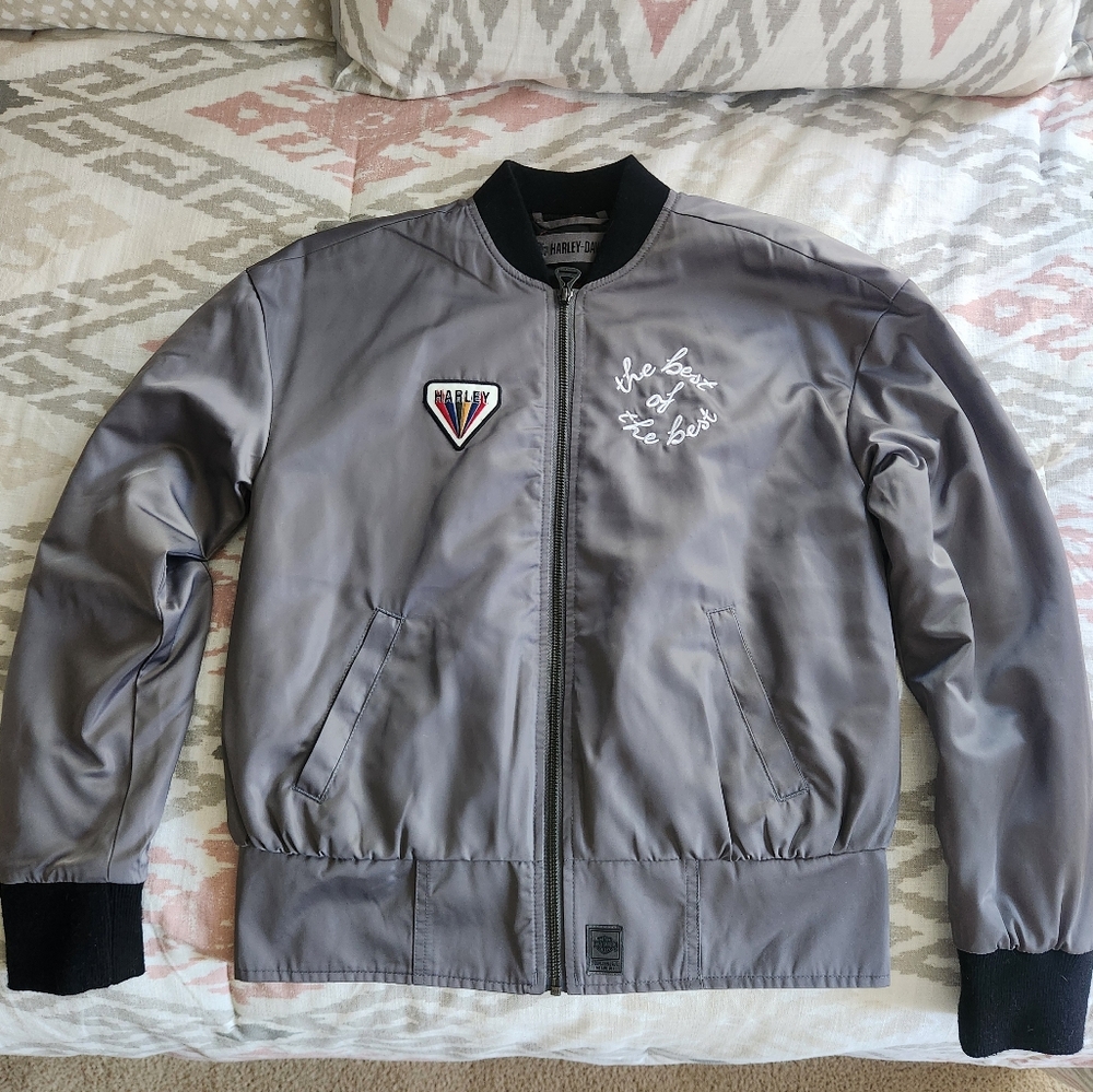 Harley Davidson Quilted Bomber Jacket Women's Size XS Grey and Black